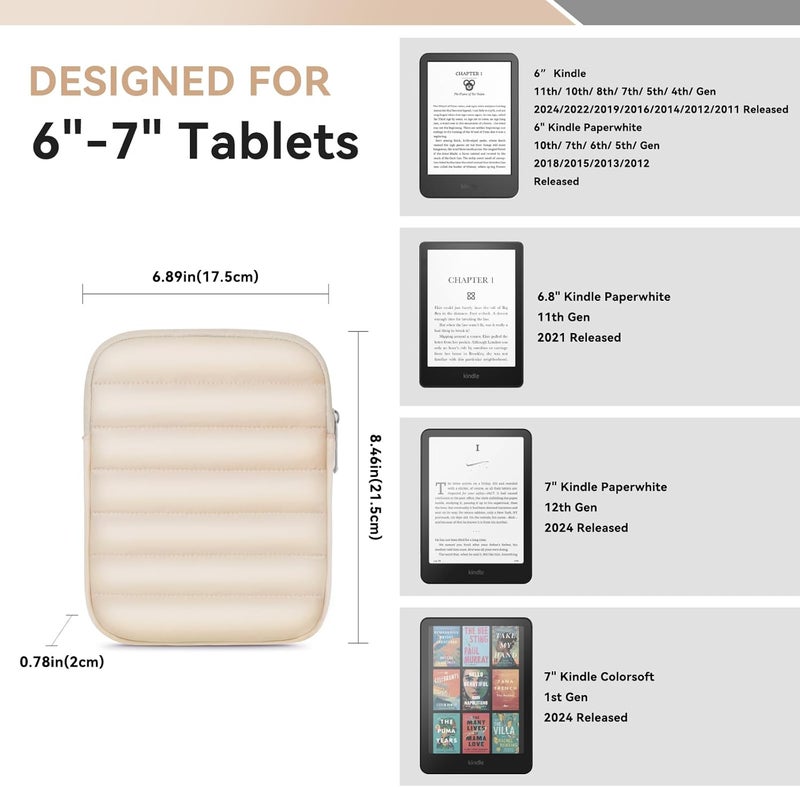 Clezolraa 6-7 Inch Puffy Sleeve Case for 7" Kindle Paperwhite 12th Gen/Colorsoft 2024, 6.8" Kindle Paperwhite 11th Gen, 6" Kindle 11th Gen 2024/2022, Oasis, Protective Pouch Bag, Beige - Image 2